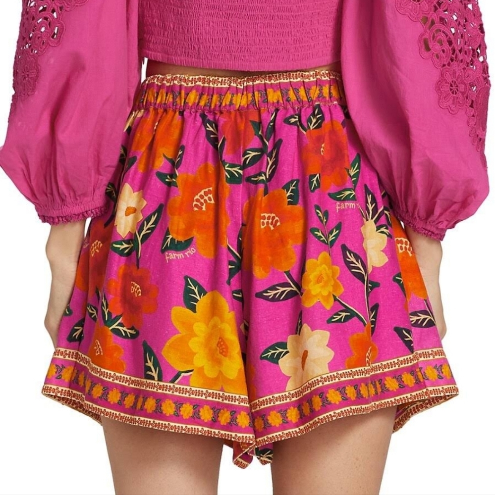 FARM Rio Floral High Waist Shorts in Pink and Orange - Picture 3 of 12